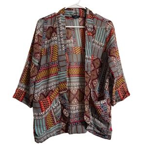 Style House Womens Kimono Cardigan M Multicolor Geometric Patchwork Boho